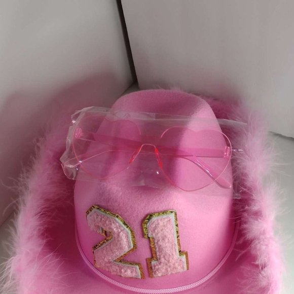 NEW 21 Birthday Cowgirl Hat with Fluffy Feathers Glasses Novelty Cowboy pink Hat - Picture 2 of 7